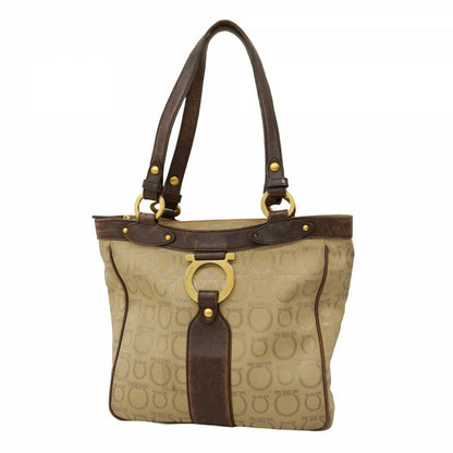 Salvatore Ferragamo Hand Bag Tote Purse Gancini Nylon Canvas Beige Brown Auth