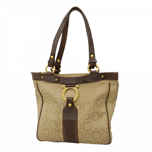 Salvatore Ferragamo Hand Bag Tote Purse Gancini Nylon Canvas Beige Brown Auth