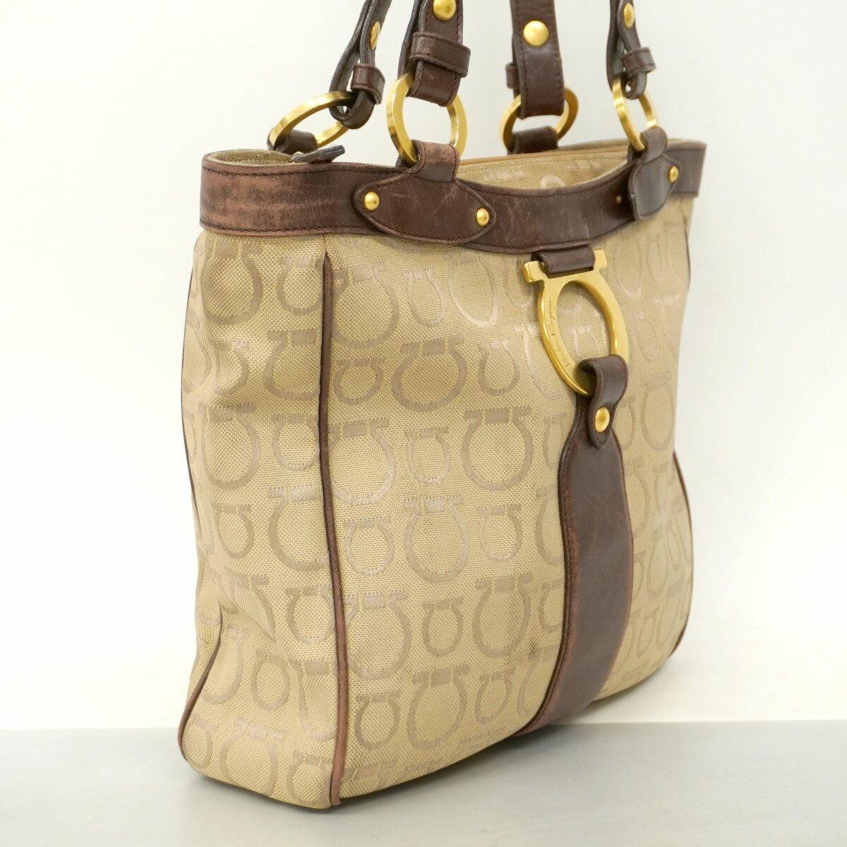 Salvatore Ferragamo Hand Bag Tote Purse Gancini Nylon Canvas Beige Brown Auth