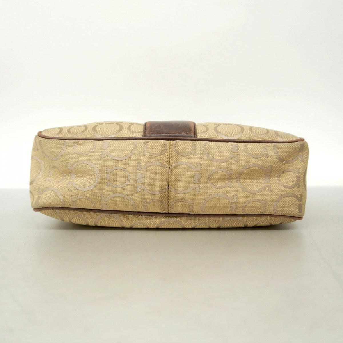Salvatore Ferragamo Hand Bag Tote Purse Gancini Nylon Canvas Beige Brown Auth