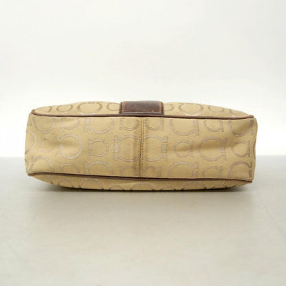 Salvatore Ferragamo Hand Bag Tote Purse Gancini Nylon Canvas Beige Brown Auth