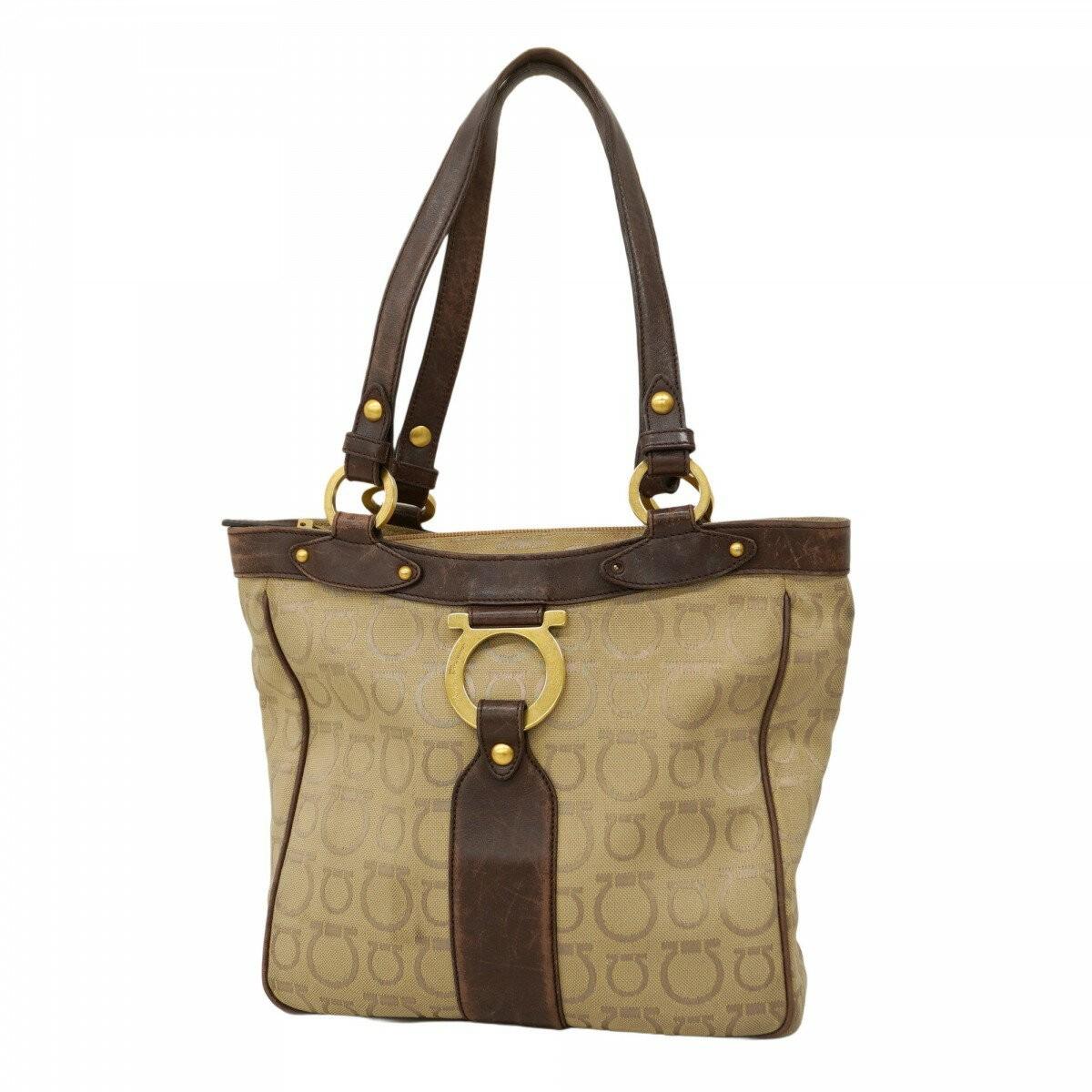 Salvatore Ferragamo Hand Bag Tote Purse Gancini Nylon Canvas Beige Brown Auth