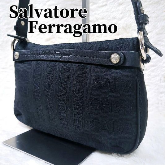 Salvatore Ferragamo Accessory Pouch Hand Bag Tote Purse Leather Canvas Black