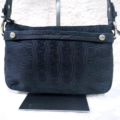 Salvatore Ferragamo Accessory Pouch Hand Bag Tote Purse Leather Canvas Black