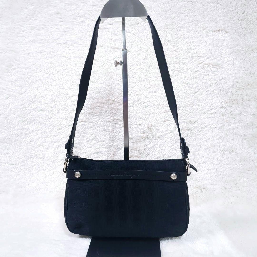 Salvatore Ferragamo Accessory Pouch Hand Bag Tote Purse Leather Canvas Black