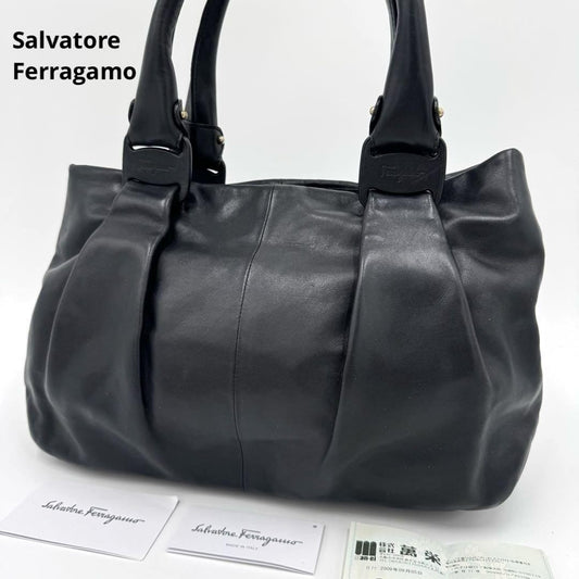 Salvatore Ferragamo Hand Bag Tote Purse Vara Ribbon Leather Black Authentic