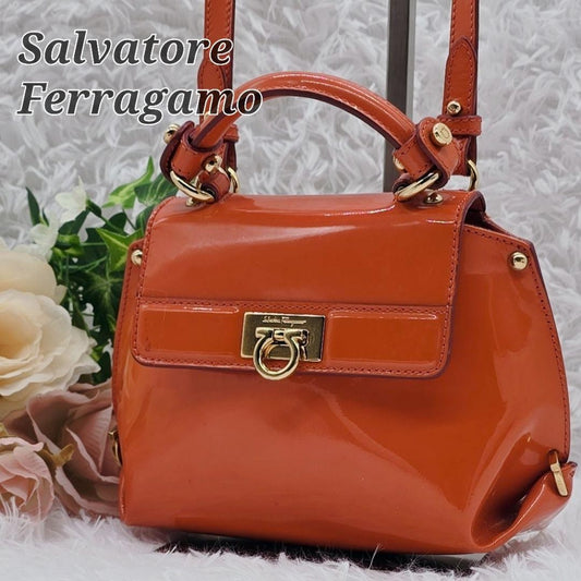 Salvatore Ferragamo Hand Shoulder Bag Purse 2way Gancini Patent Leather Orange