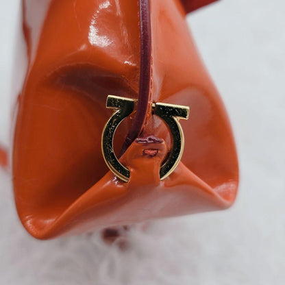 Salvatore Ferragamo Hand Shoulder Bag Purse 2way Gancini Patent Leather Orange