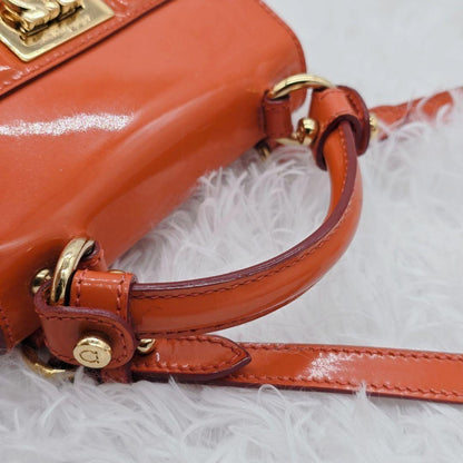 Salvatore Ferragamo Hand Shoulder Bag Purse 2way Gancini Patent Leather Orange