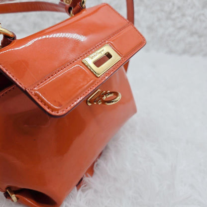 Salvatore Ferragamo Hand Shoulder Bag Purse 2way Gancini Patent Leather Orange