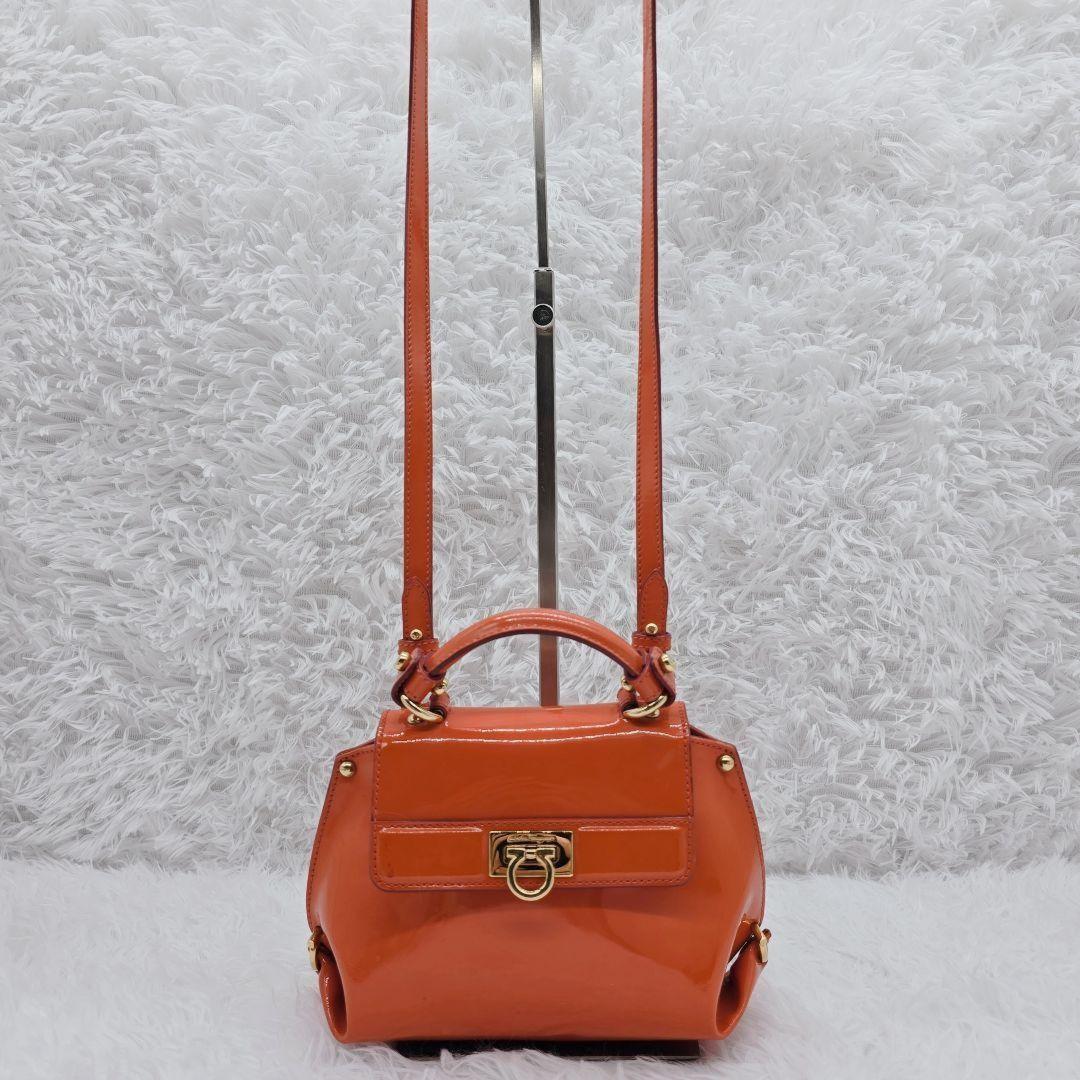 Salvatore Ferragamo Hand Shoulder Bag Purse 2way Gancini Patent Leather Orange