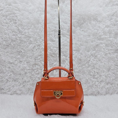 Salvatore Ferragamo Hand Shoulder Bag Purse 2way Gancini Patent Leather Orange