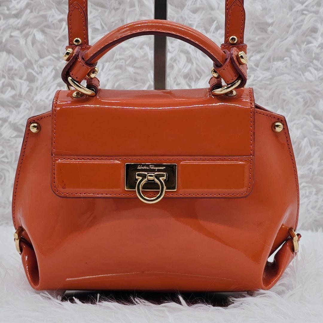 Salvatore Ferragamo Hand Shoulder Bag Purse 2way Gancini Patent Leather Orange