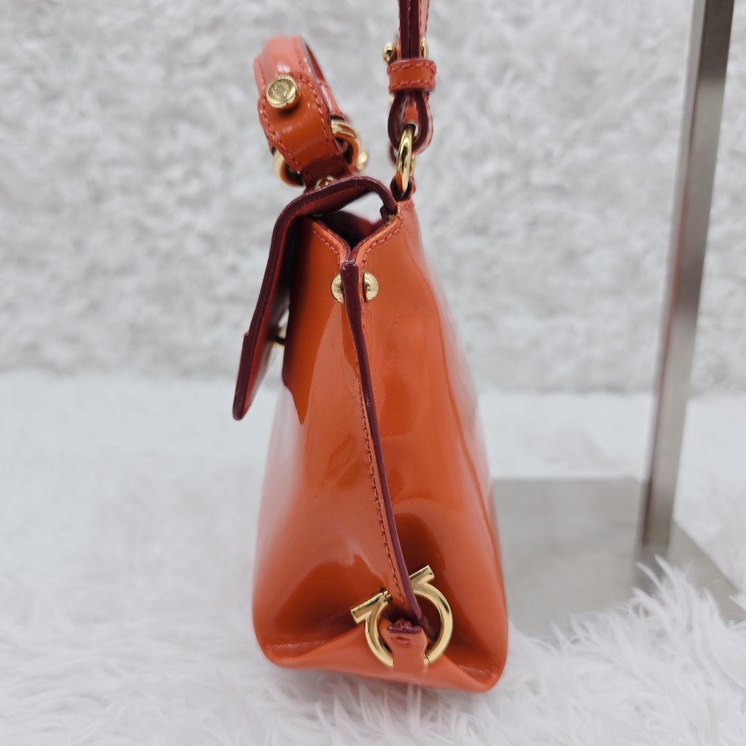 Salvatore Ferragamo Hand Shoulder Bag Purse 2way Gancini Patent Leather Orange