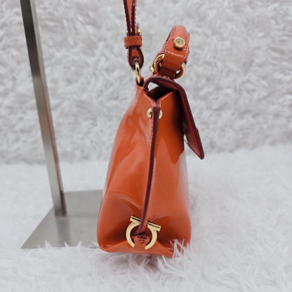 Salvatore Ferragamo Hand Shoulder Bag Purse 2way Gancini Patent Leather Orange