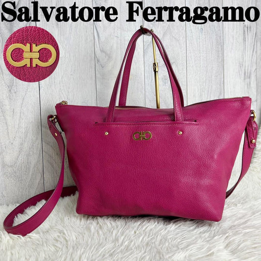 Salvatore Ferragamo Hand Bag Tote Purse 2way Gancini Leather Pink Authentic