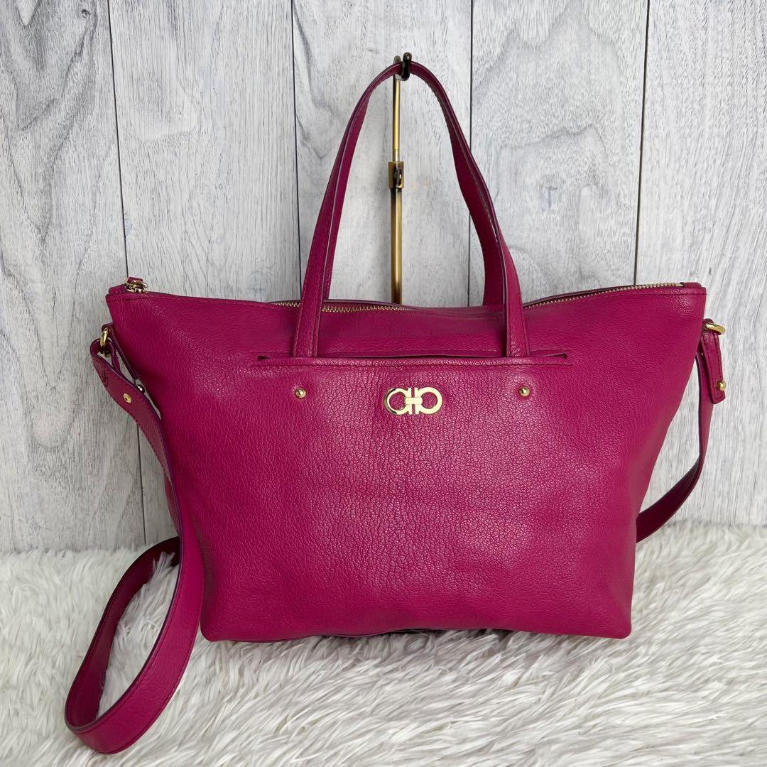 Salvatore Ferragamo Hand Bag Tote Purse 2way Gancini Leather Pink Authentic