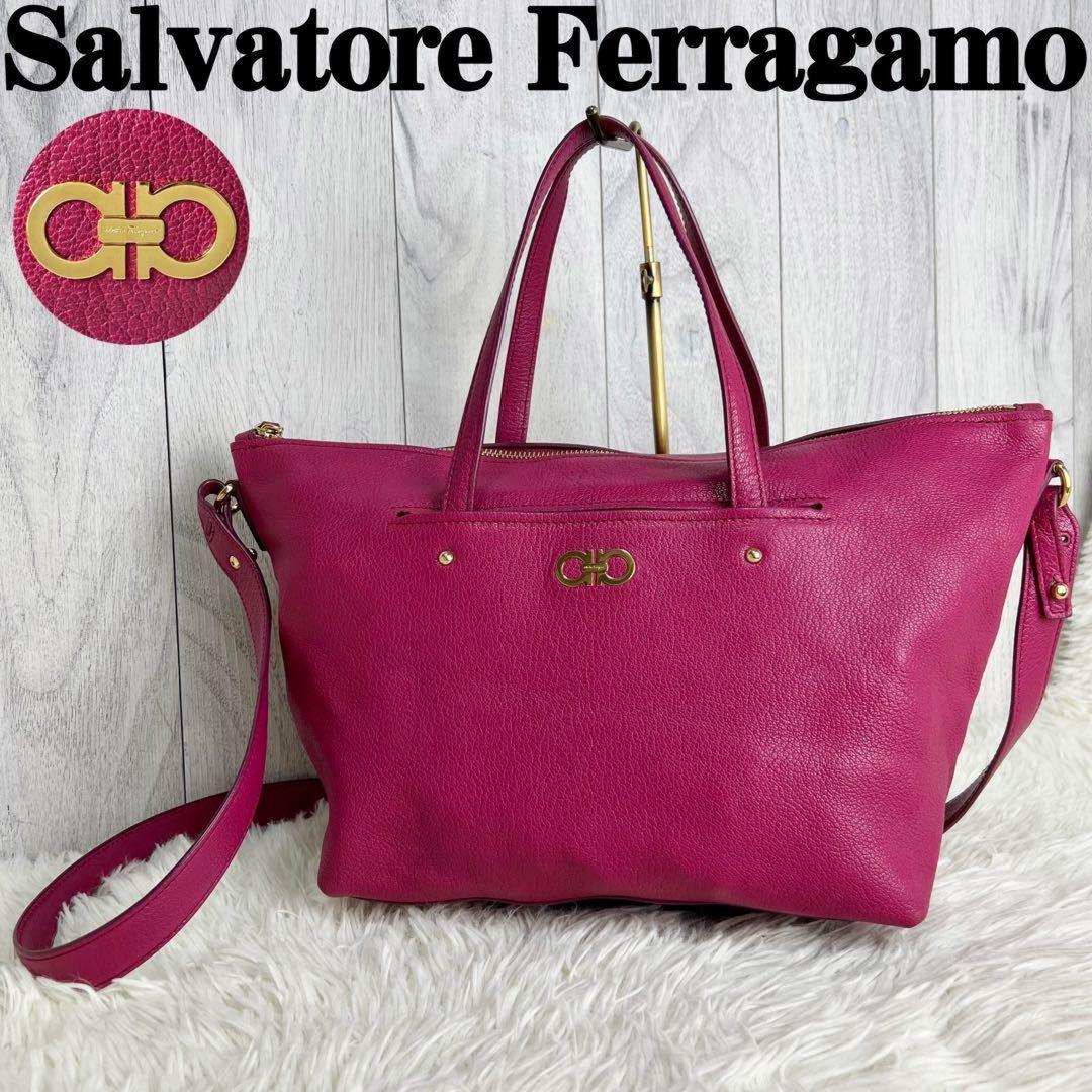 Salvatore Ferragamo Hand Bag Tote Purse 2way Gancini Leather Pink Authentic