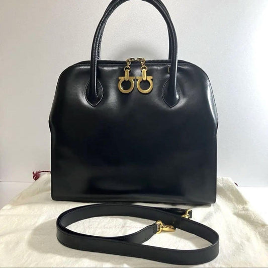 Salvatore Ferragamo Hand Bag Tote Purse 2way Gancini Leather Black Authentic