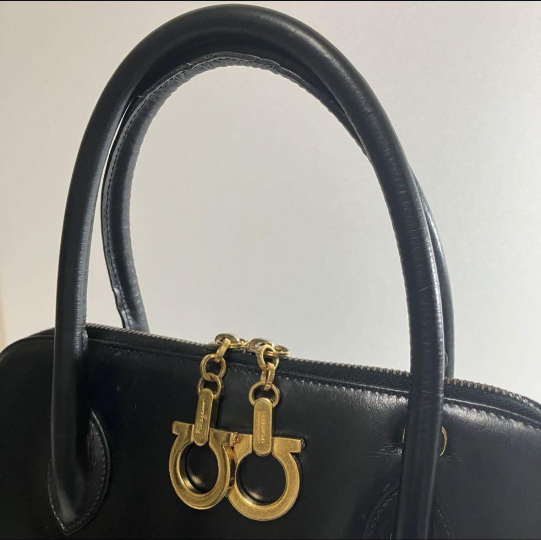 Salvatore Ferragamo Hand Bag Tote Purse 2way Gancini Leather Black Authentic