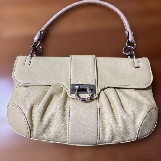 Salvatore Ferragamo Hand Bag Tote Purse Gancini Cream Authentic