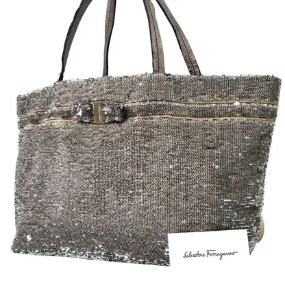 Salvatore Ferragamo Hand Bag Tote Purse Vara Ribbon Sequins Leather Silver Beige