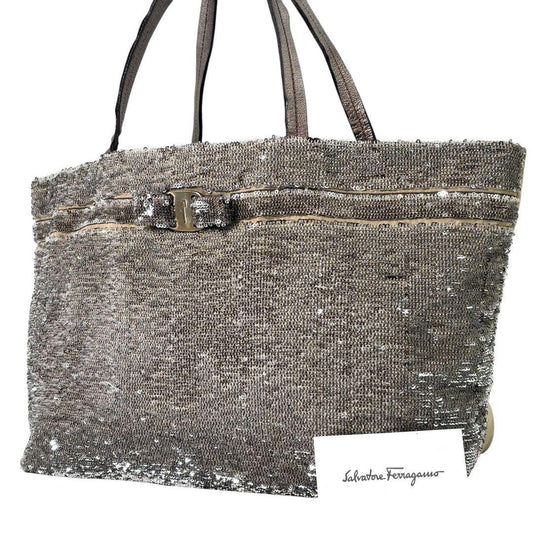 Salvatore Ferragamo Hand Bag Tote Purse Vara Ribbon Sequins Leather Silver Beige