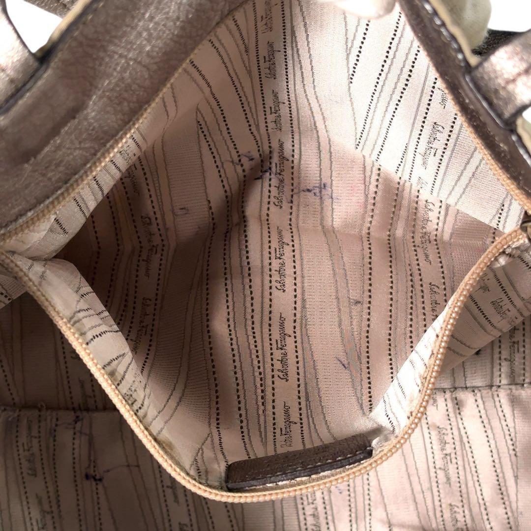 Salvatore Ferragamo Hand Bag Tote Purse Vara Ribbon Sequins Leather Silver Beige