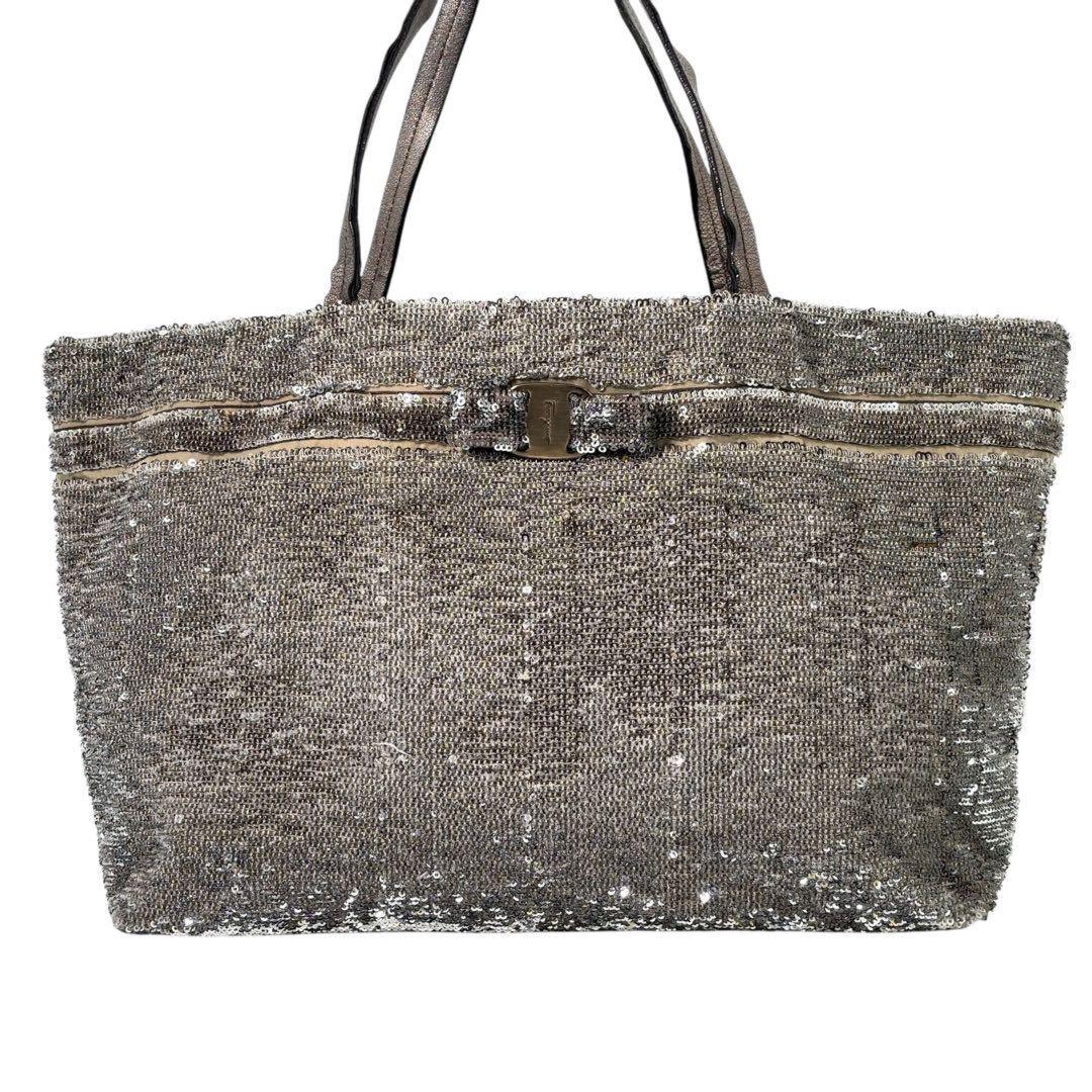 Salvatore Ferragamo Hand Bag Tote Purse Vara Ribbon Sequins Leather Silver Beige