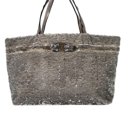 Salvatore Ferragamo Hand Bag Tote Purse Vara Ribbon Sequins Leather Silver Beige
