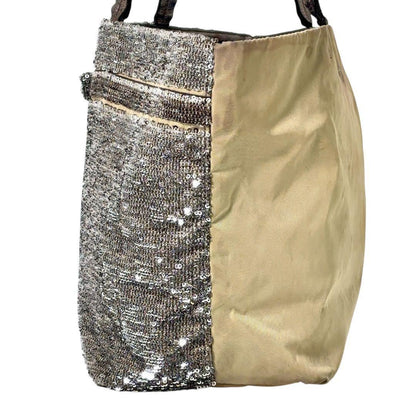 Salvatore Ferragamo Hand Bag Tote Purse Vara Ribbon Sequins Leather Silver Beige