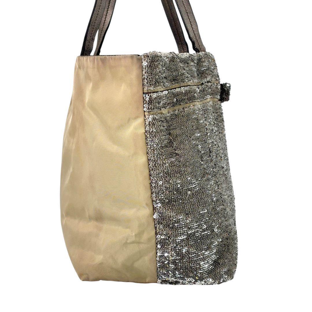 Salvatore Ferragamo Hand Bag Tote Purse Vara Ribbon Sequins Leather Silver Beige