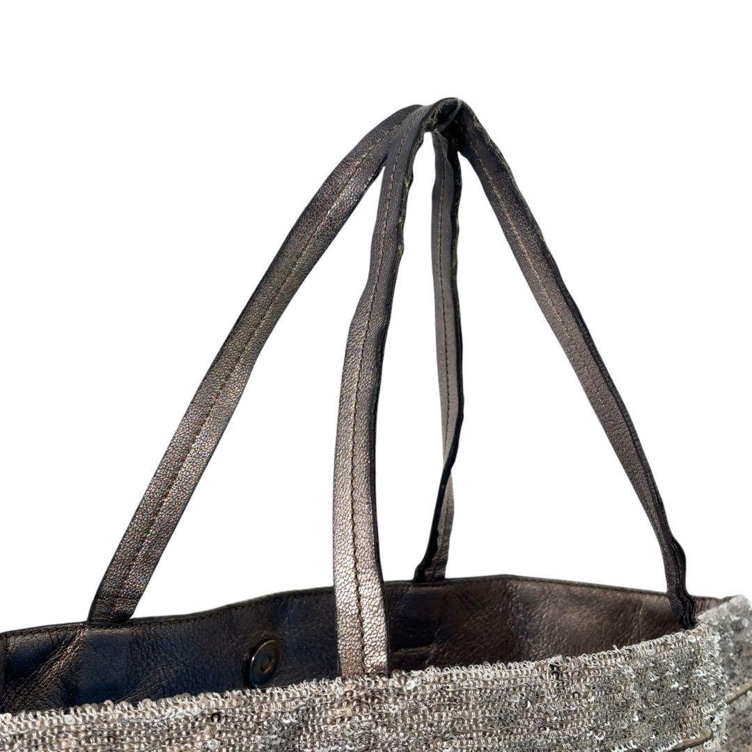 Salvatore Ferragamo Hand Bag Tote Purse Vara Ribbon Sequins Leather Silver Beige