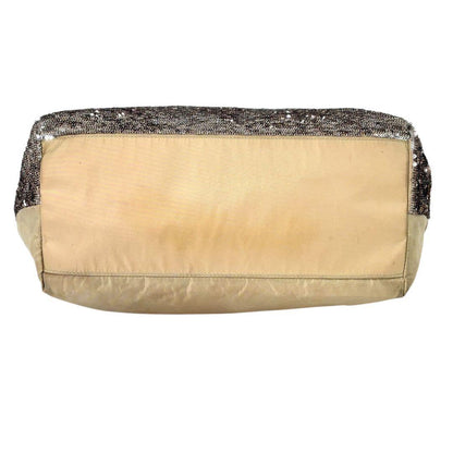 Salvatore Ferragamo Hand Bag Tote Purse Vara Ribbon Sequins Leather Silver Beige