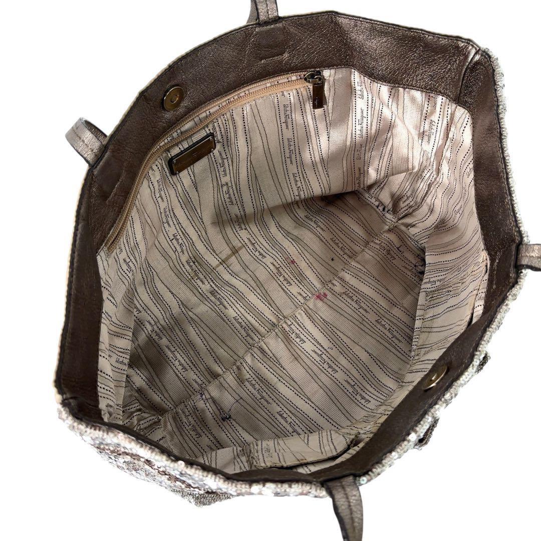 Salvatore Ferragamo Hand Bag Tote Purse Vara Ribbon Sequins Leather Silver Beige