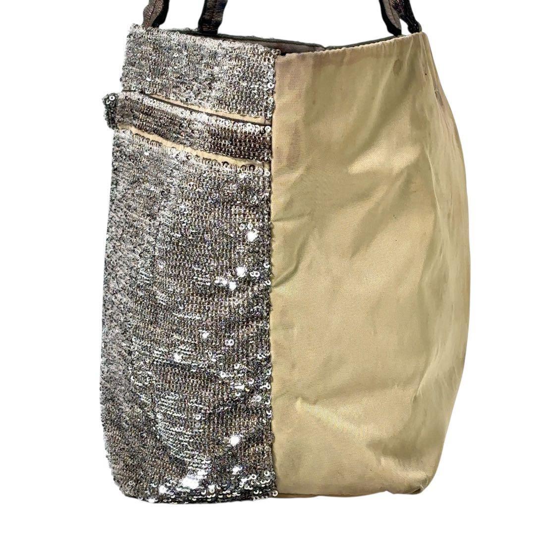 Salvatore Ferragamo Hand Bag Tote Purse Vara Ribbon Sequins Leather Silver Beige