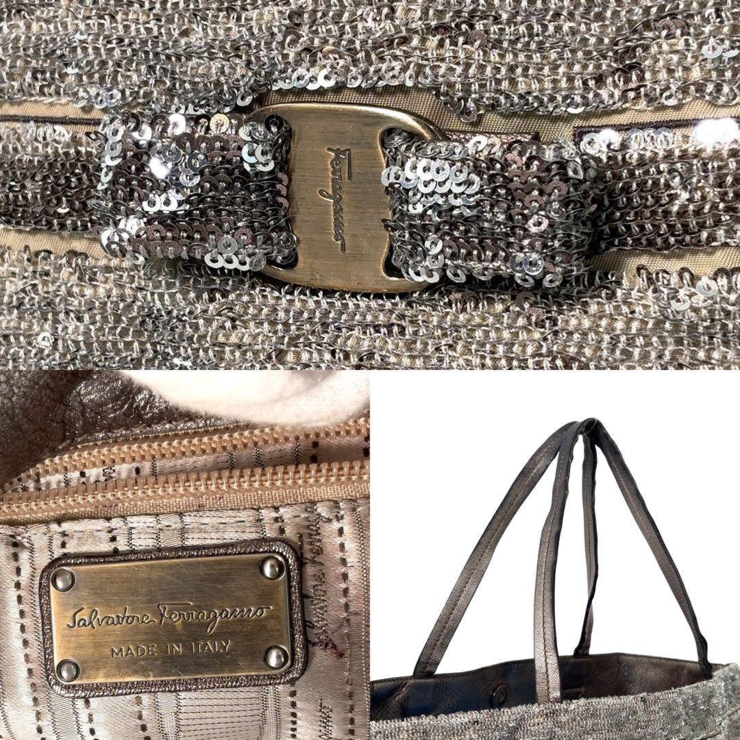 Salvatore Ferragamo Hand Bag Tote Purse Vara Ribbon Sequins Leather Silver Beige