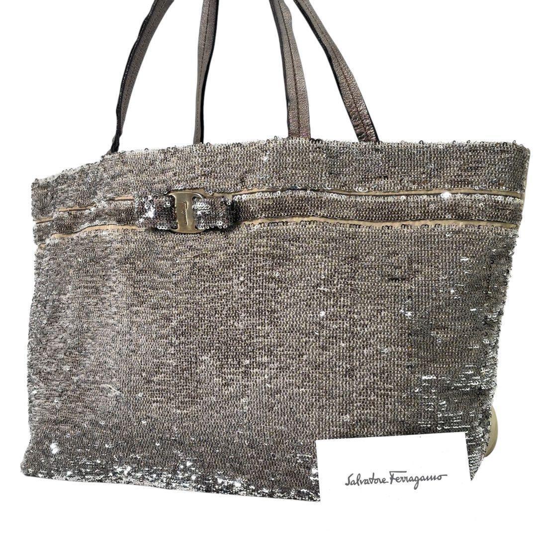 Salvatore Ferragamo Hand Bag Tote Purse Vara Ribbon Sequins Leather Silver Beige