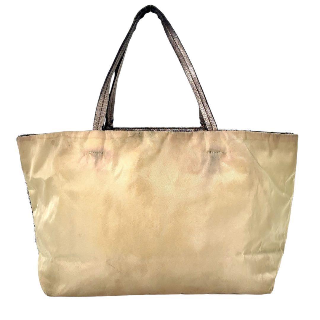Salvatore Ferragamo Hand Bag Tote Purse Vara Ribbon Sequins Leather Silver Beige