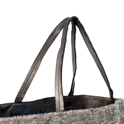 Salvatore Ferragamo Hand Bag Tote Purse Vara Ribbon Sequins Leather Silver Beige