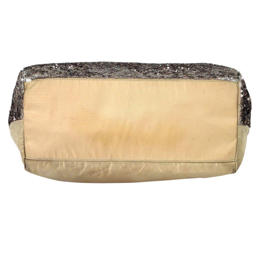 Salvatore Ferragamo Hand Bag Tote Purse Vara Ribbon Sequins Leather Silver Beige