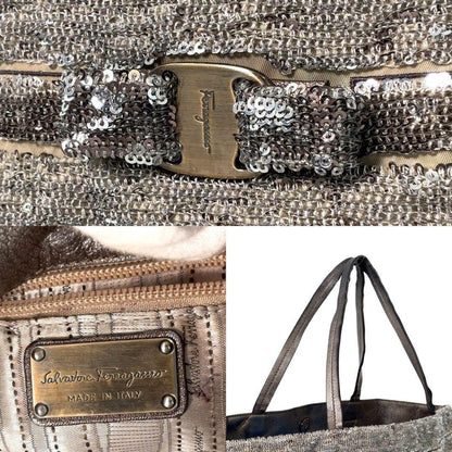 Salvatore Ferragamo Hand Bag Tote Purse Vara Ribbon Sequins Leather Silver Beige