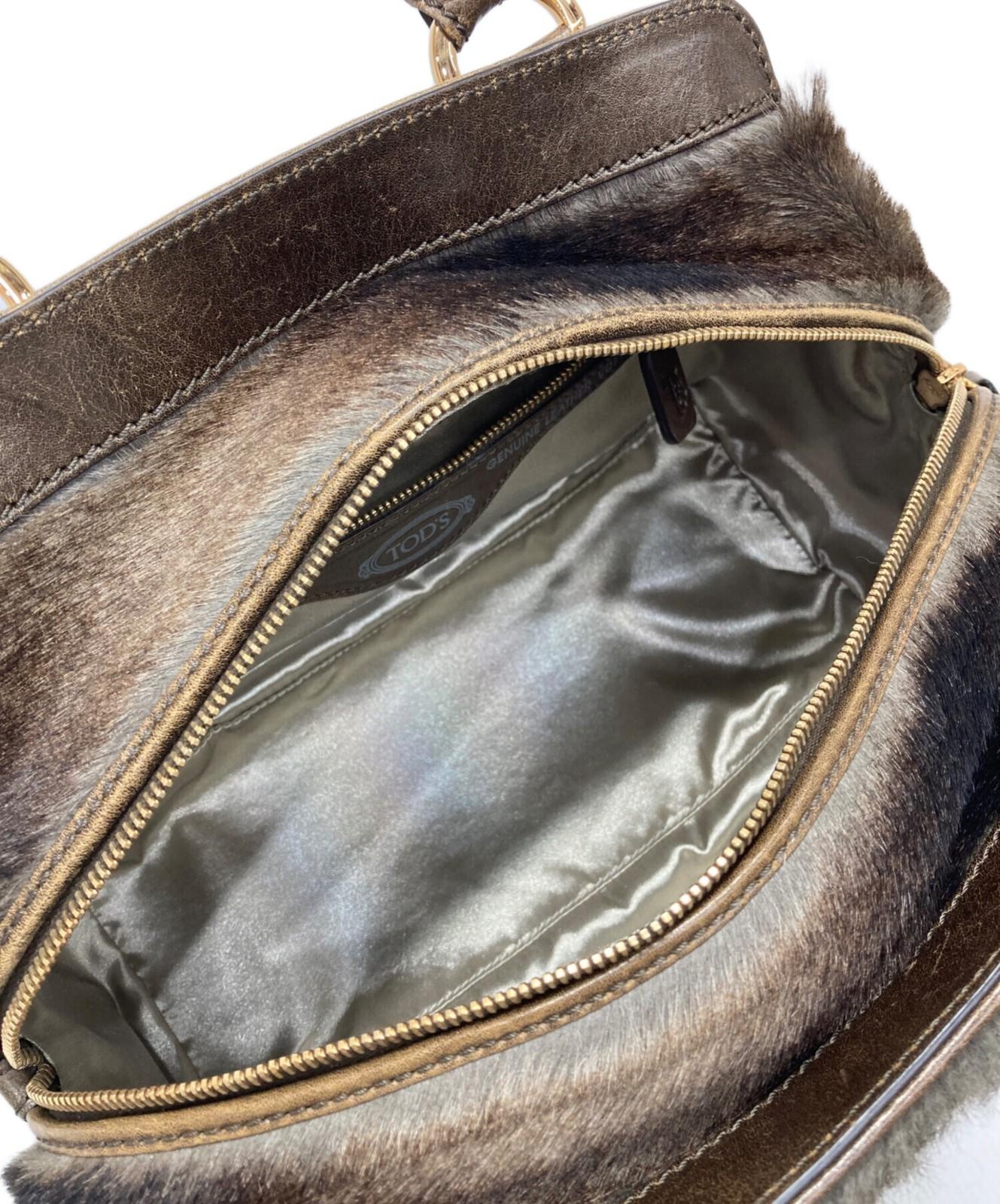 TOD'S Hand Bag Tote Purse Fur Brown Authentic