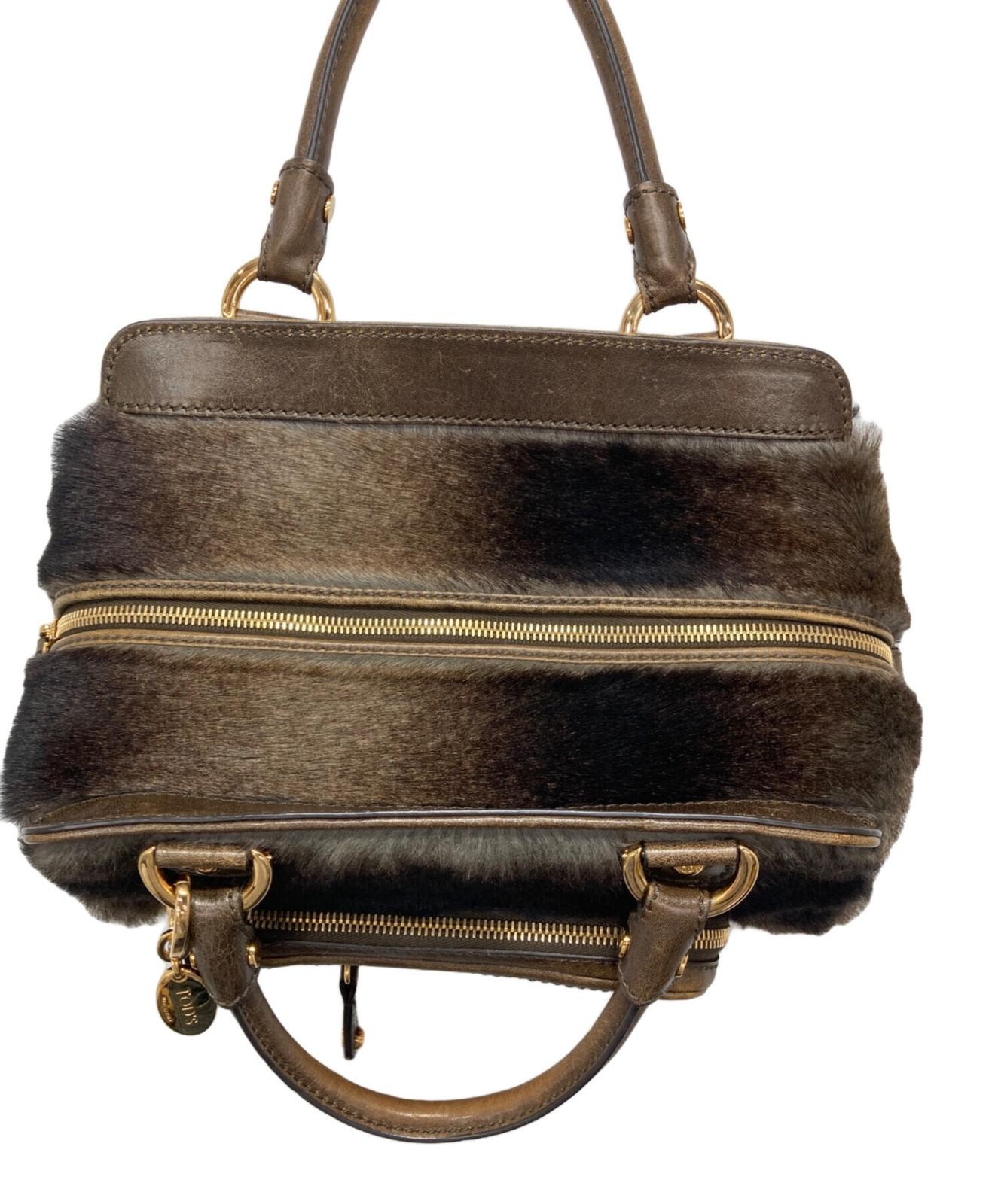 TOD'S Hand Bag Tote Purse Fur Brown Authentic