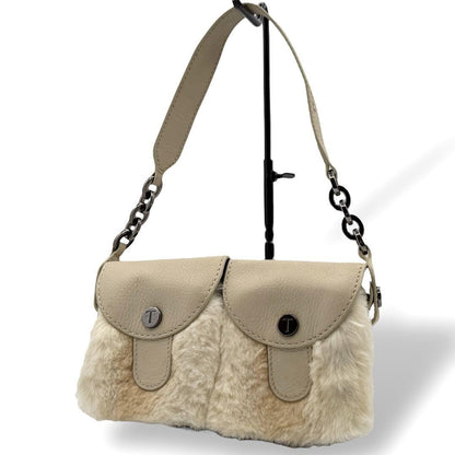 TOD'S Accessory Pouch Hand Bag Tote Purse Fur Leather Beige Authentic