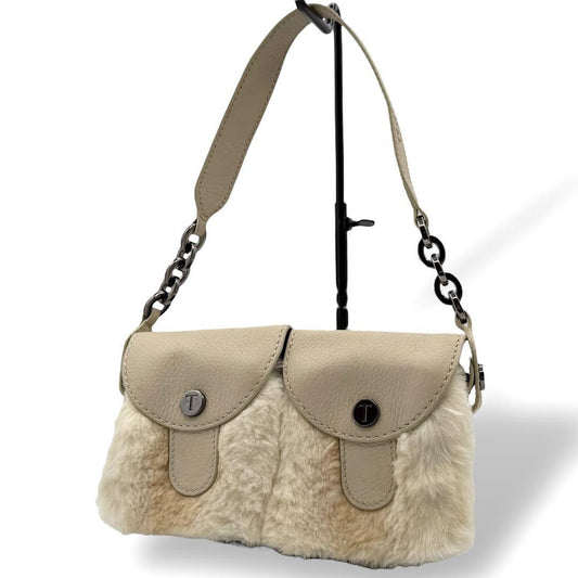 TOD'S Accessory Pouch Hand Bag Tote Purse Fur Leather Beige Authentic