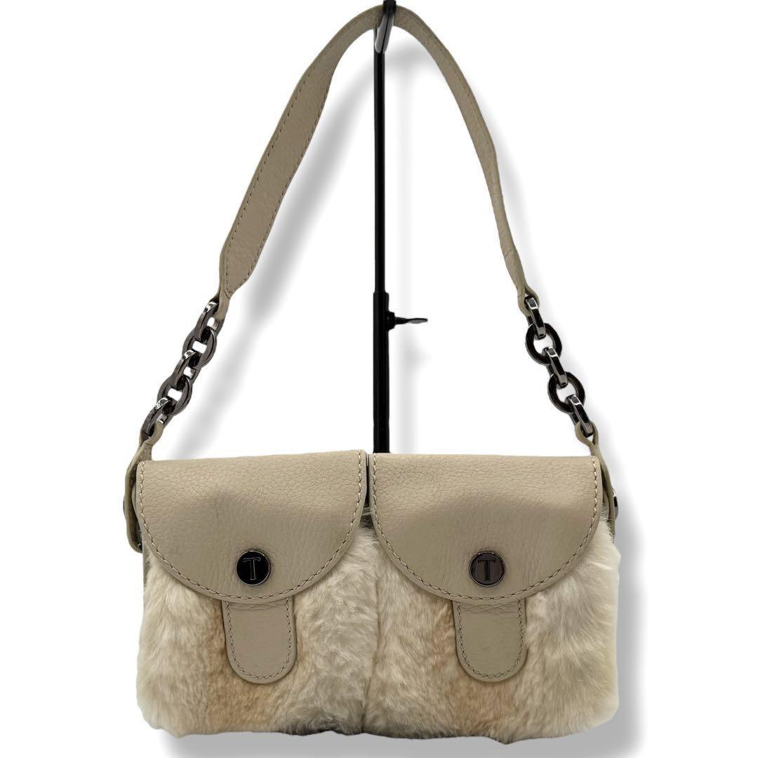 TOD'S Accessory Pouch Hand Bag Tote Purse Fur Leather Beige Authentic