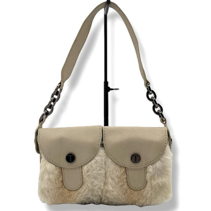 TOD'S Accessory Pouch Hand Bag Tote Purse Fur Leather Beige Authentic
