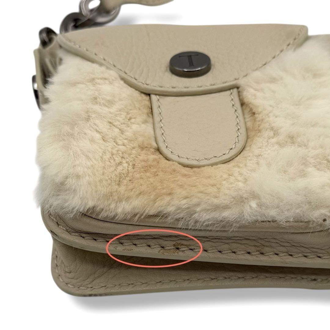 TOD'S Accessory Pouch Hand Bag Tote Purse Fur Leather Beige Authentic