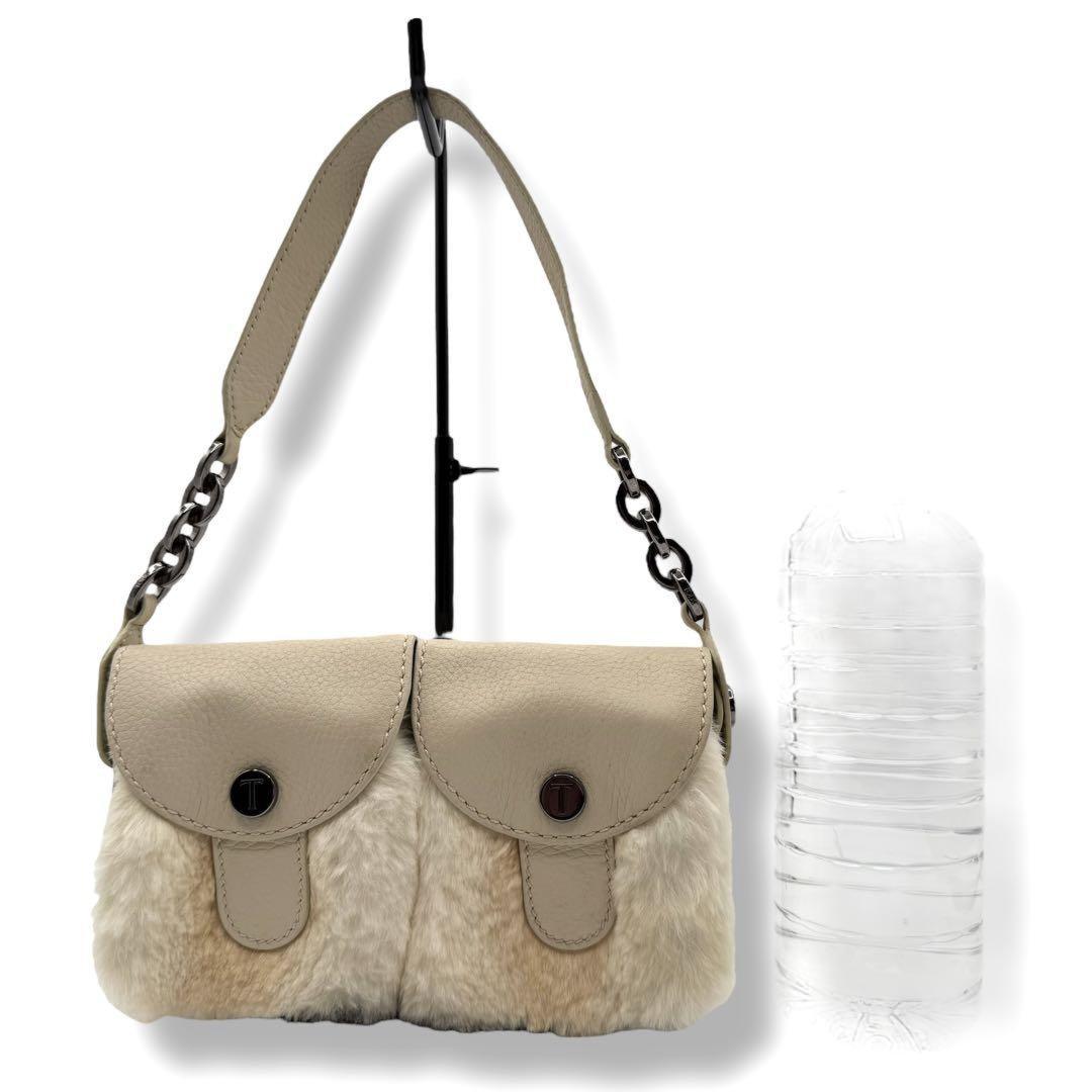 TOD'S Accessory Pouch Hand Bag Tote Purse Fur Leather Beige Authentic